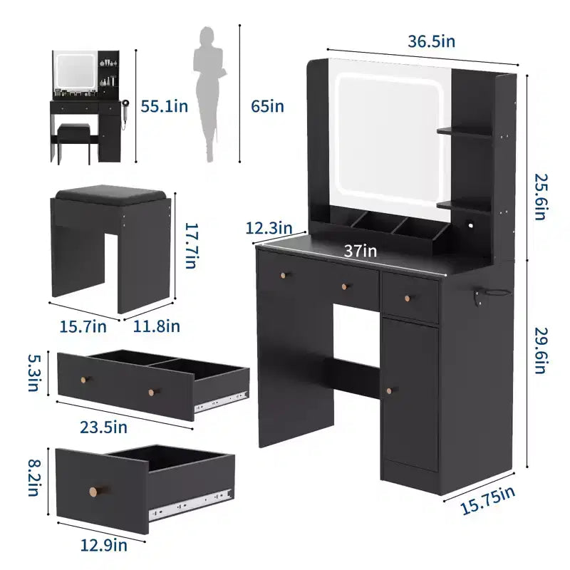 COZONY Makeup Vanity with Lights & Mirror, Vanity Table with Charging Station, Hair Dryer Holder, Storage Drawers & Shelves, Upholstered Stool