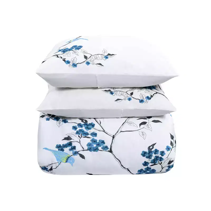 Modern Embroidered Cherry Blossom Floral Cotton Duvet Cover and Pillow Sham Set - Blue Nile Mills