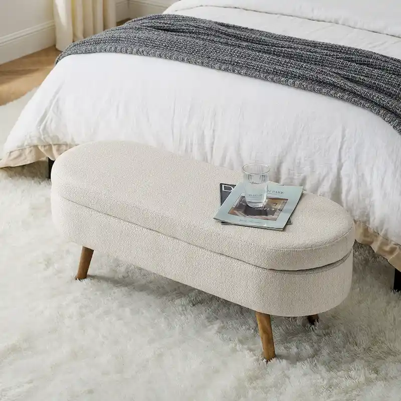 Ottoman Oval Storage Bench,Rubber Wood Legs, Beige