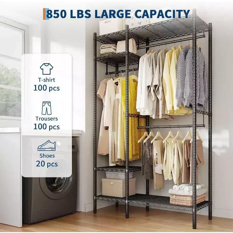 Clothes Hanger Rack Heavy Duty Coat Rack with Shelves 4-Tier Portable Shelves Freestanding Closet System 850 lbs Max Load