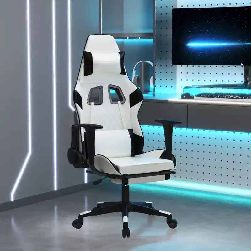 vidaXL Adjustable Gaming Chair with Footrest, Faux Leather, White and Black, Rolling Castors, 360 Degree Swivel, Sturdy Metal and Plywood Frame
