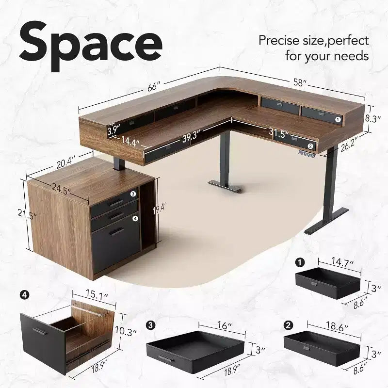 L-Shaped Electric Standing Desk with Storage Drawers and File Cabinet, Walnut