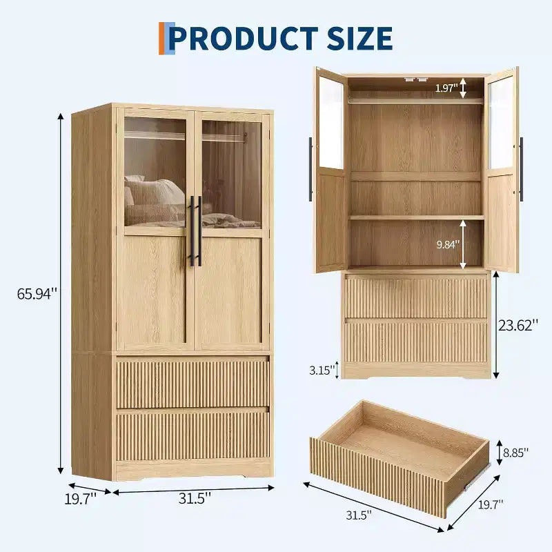 Acekool Wardrobe Closet for Bedroom, MDF & PB Board, Glass Wave Panel Doors, Hanging Rod, 2 Drawers, Shelves,Natural Wood Tone