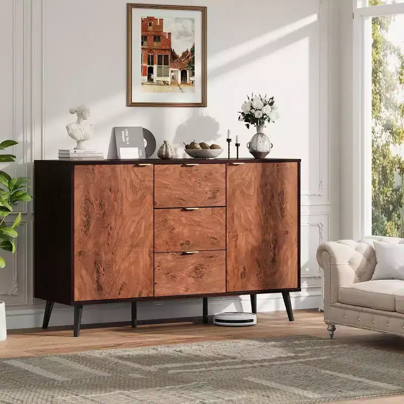 51.2 Farmhouse Sideboard Buffet Cabinet with 3 Drawers, Burl Texture, and Open Shelves, Walnut Finish