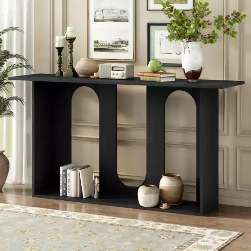 Modern Curved Design Console Tables Blue with Open Shelf, Stylish Console Tables for Entryway or Living Room Accent Storage Display