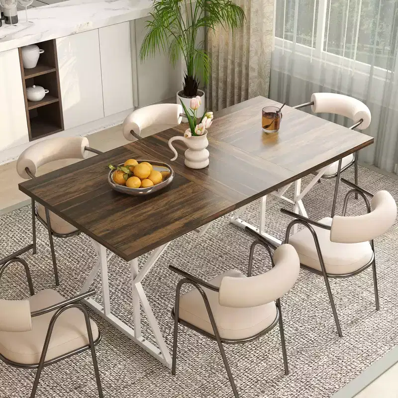 63-47 Expandable Dining Table for 4-6 People, Farmhouse Extendable Dining Room Table with Trestle Base, Kitchen Table