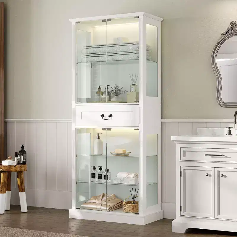 Famapy Freestanding Tall Bathroom Cabinet with 7-Color LED+Tempered Glass Shelves+Doors + Drawer Waterproof Bathroom Storage Tower