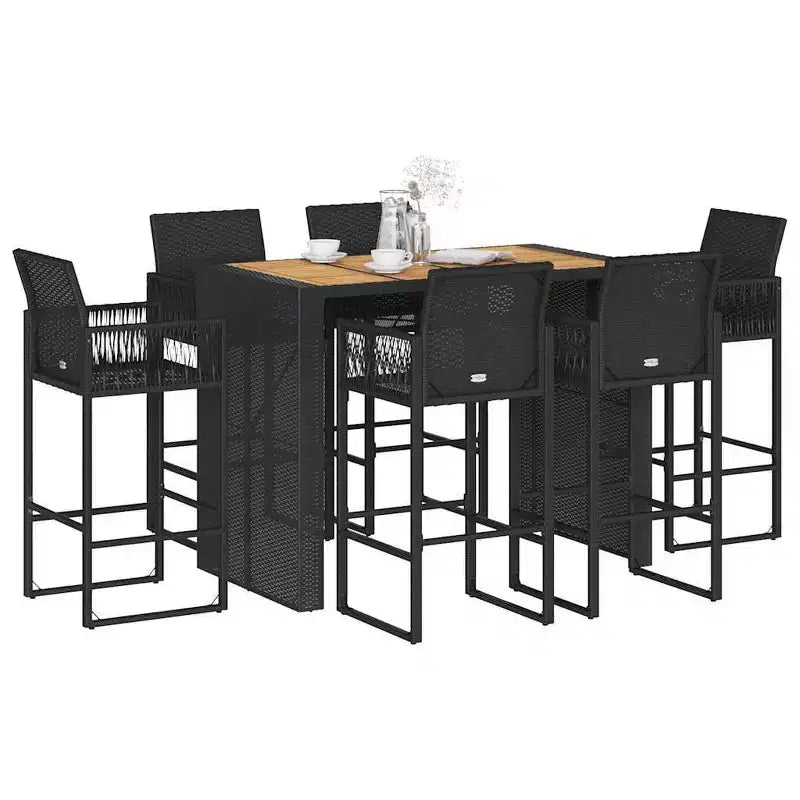 vidaXL 7 Piece Black Patio Bar Set - Weather-Resistant Poly Rattan & Acacia with Stools