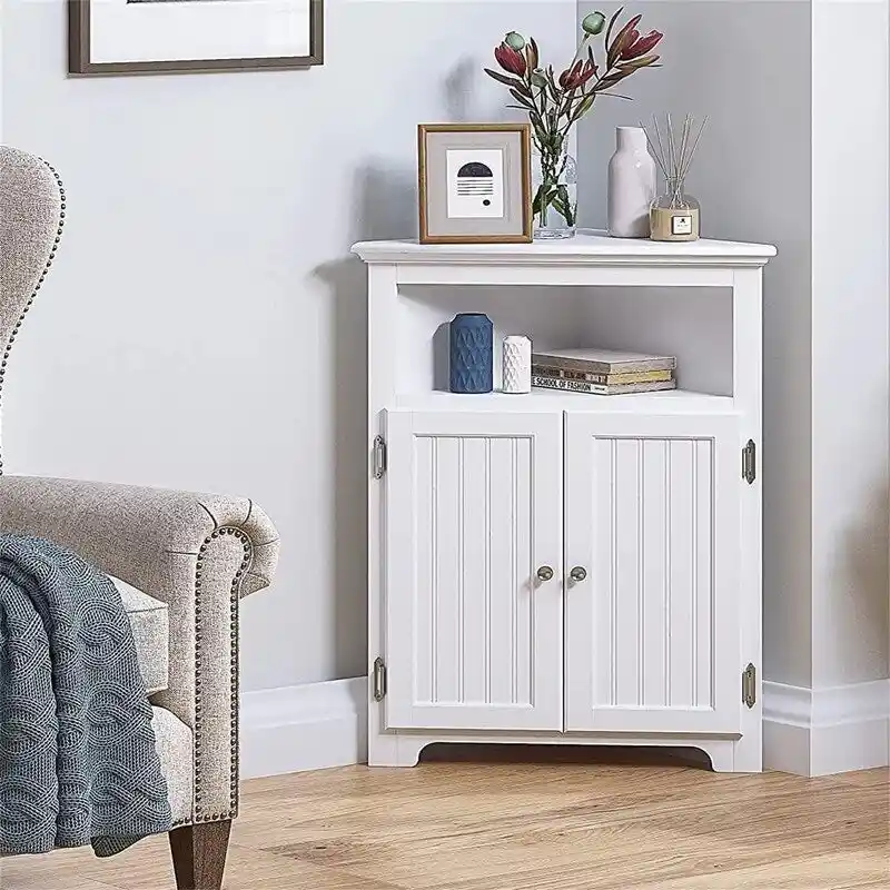 Corner Storage Cabinet with Doors and Adjustable Shelves - 13D x 23.4W x 32.7H