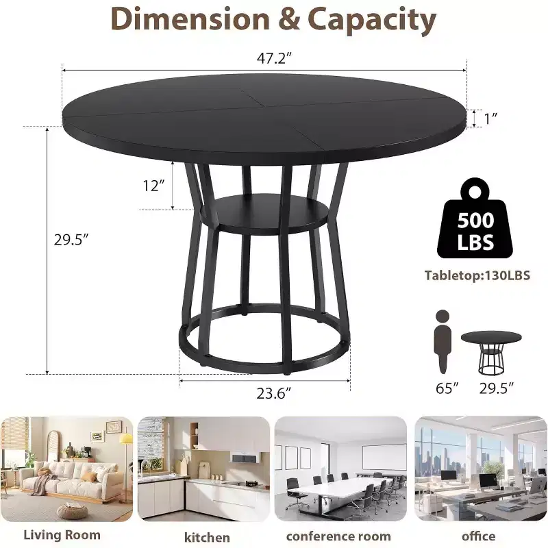 47 Farmhouse Round Dining Table for 4,Rustic Wood Top with Storage & Metal Legs,Space-Saving Circle Table for Kitchen, Dining & Living Room