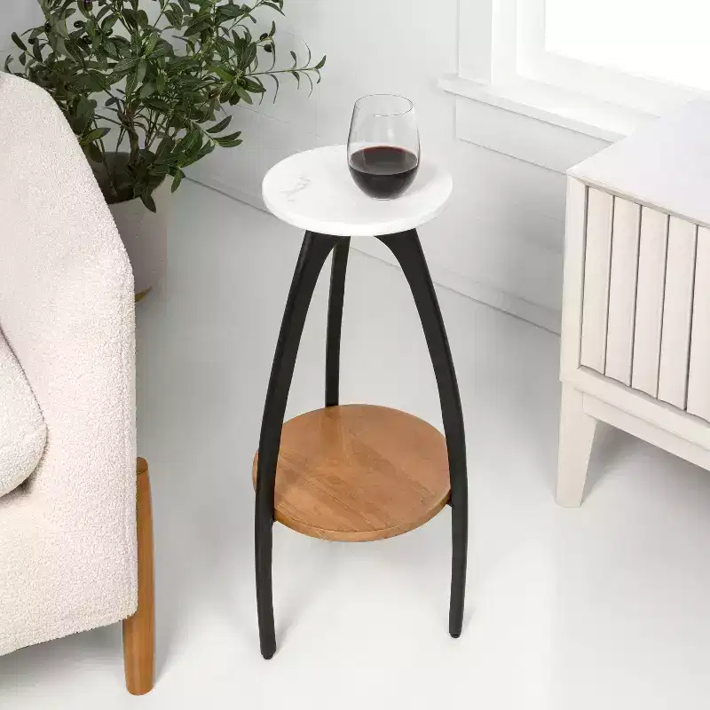24.5" Metal Tripod Drink Table & Decorative End Table with White Marble Round Top & Wood Undershelf