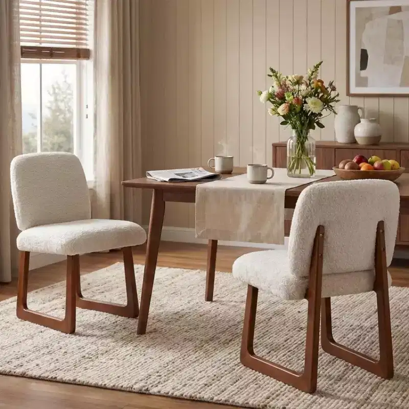 Set of 2 Boucle Upholstered Dining Chairs with Curved Wooden Legs, Beige - ModernLuxe