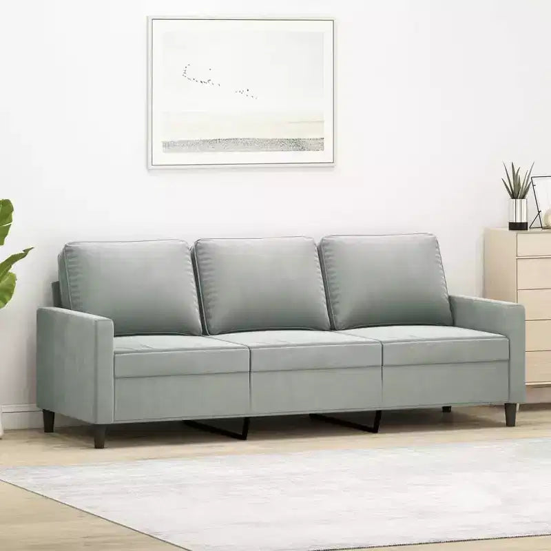 3-Seater Velvet Sofa - Light Gray Modern Couch with Comfortable Padding and Stable Metal Frame for Living Room or Lounge Area