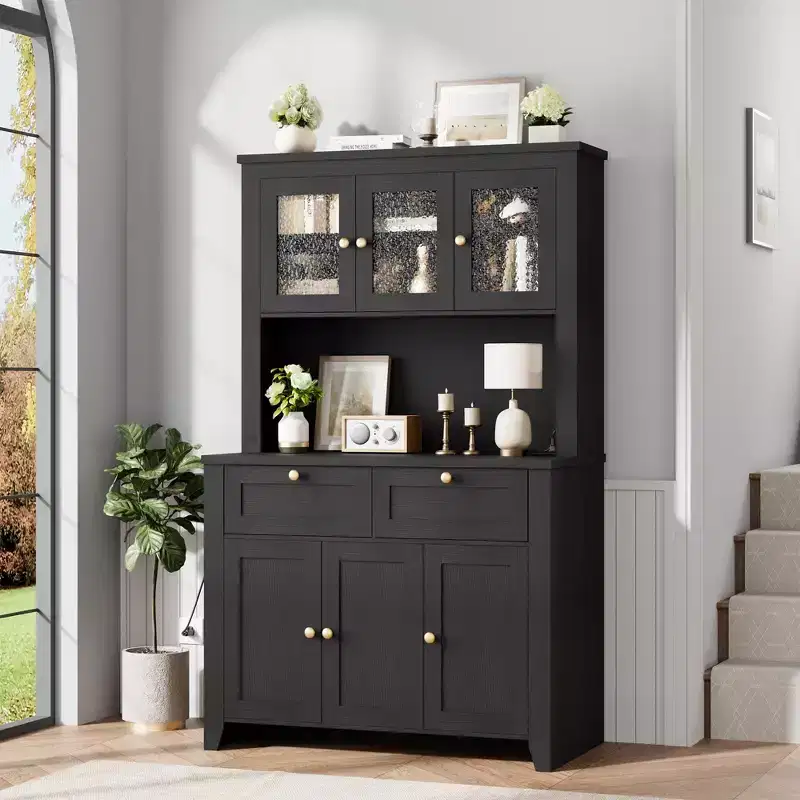 Tall Pantry Cabinet with Charging Station, Countertop, Drawers and Adjustable Shelves