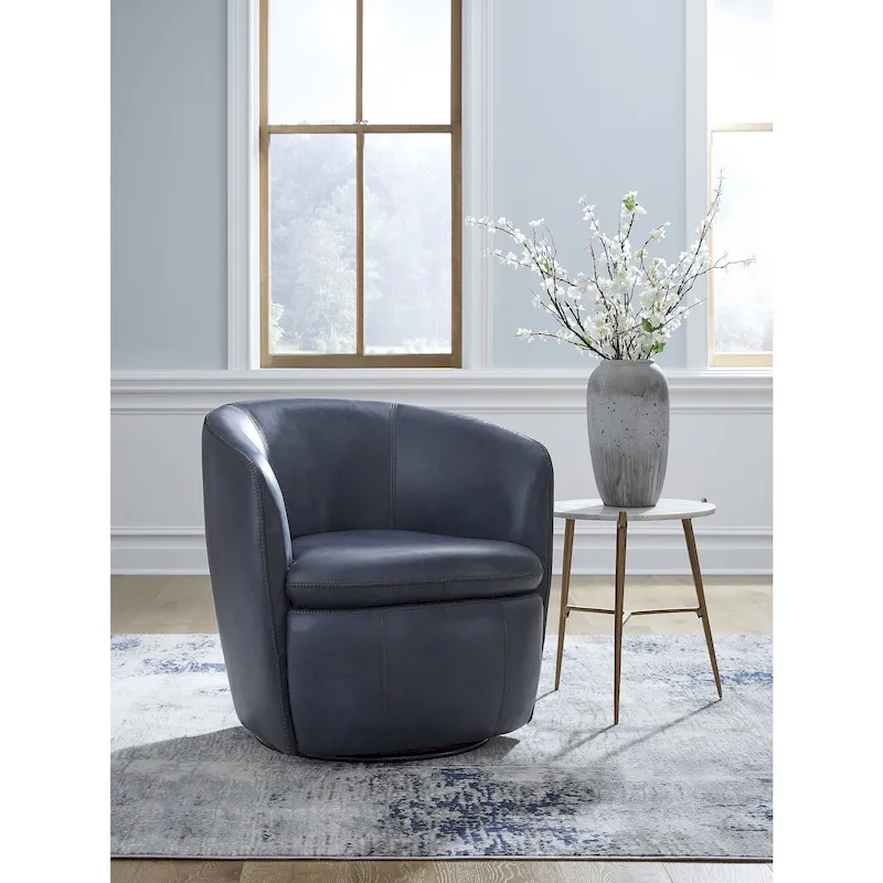 Top Grain Leather Barrel Swivel Accent Chair Blue Brown Living Room