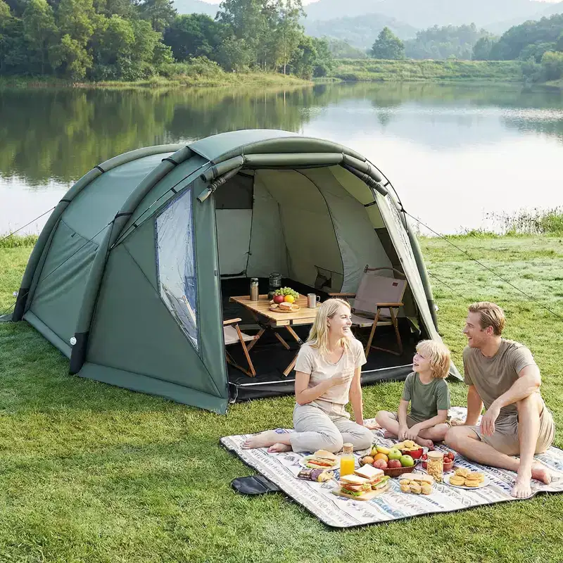 Costway Inflatable Camping Tent with Screened Porch, Mesh & Transparent Windows, Door