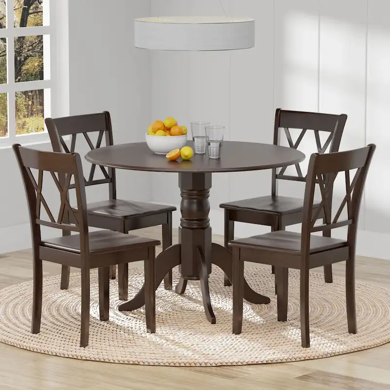 5-Piece Dining Set, 42 Round Drop-Leaf Table and Double X-Back Chairs
