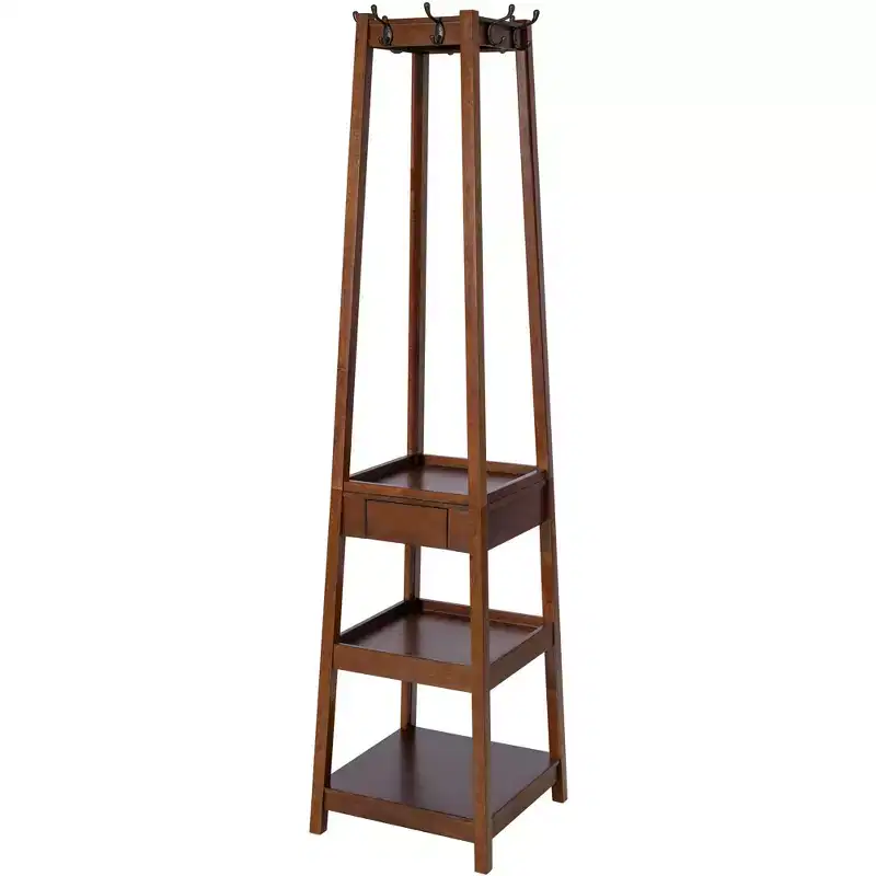 eHemco 70.2 H Wooden Coat Rack Stand with 8 Hooks, 3 Storage Shelves and Drawer, Heavy Duty Hall Tree, Coffee