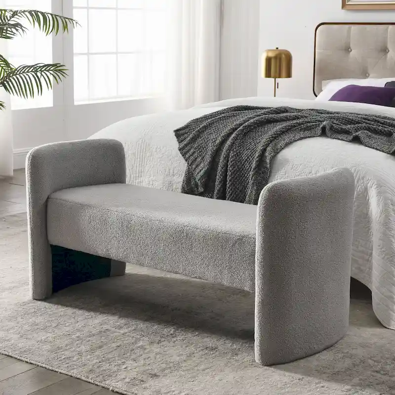 H-Frame Upholstered Boucle Bench with Foam Padding, Grey Teddy, Black, Ivory