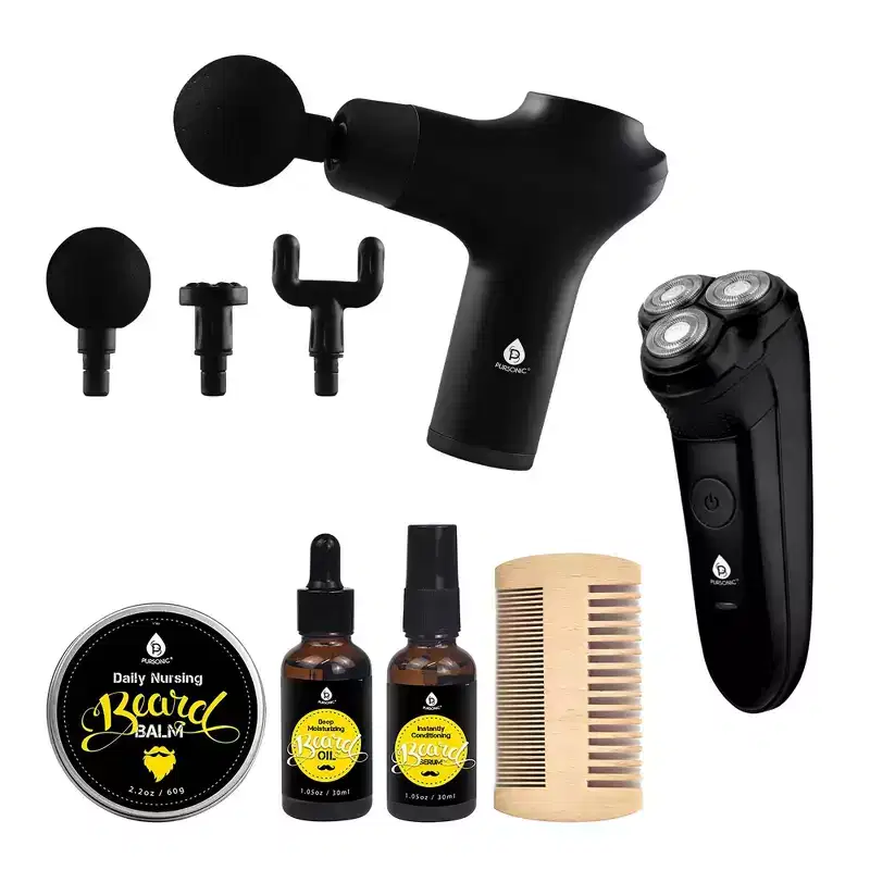 The Ultimate Men's Grooming & Relaxation Bundle  Beard Care, Electric Shaver, and Percussion Massager