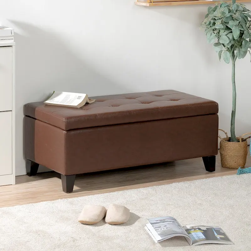 Brown Faux Leather Storage Ottoman Bench, Wooden Legs, Seats 1�C2