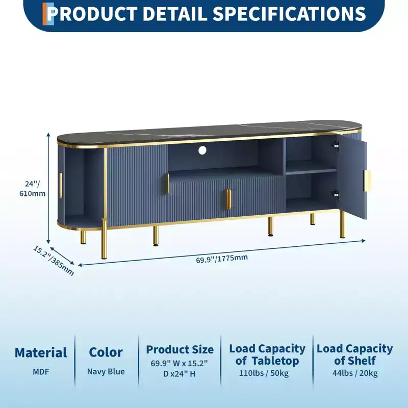 Blue/Oak 4-Door Wave TV Stand, Fits up to 70 TV