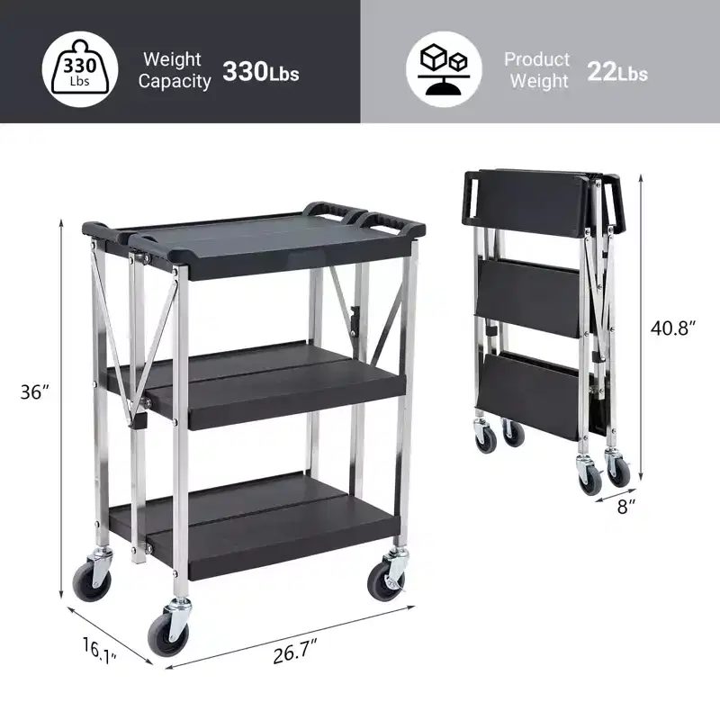 3-Tier Foldable Utility Cart with Wheels  Heavy Duty Stainless Steel Rolling Storage Organizer for Kitchen, Garage, Workshop & Restaurant