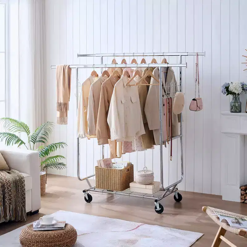 Okak Double Storage Rack with Shelves, Freestanding Coat Rack On Wheels with Collapsible Design, Hall Tree for Living Room, Bedroom, Silver