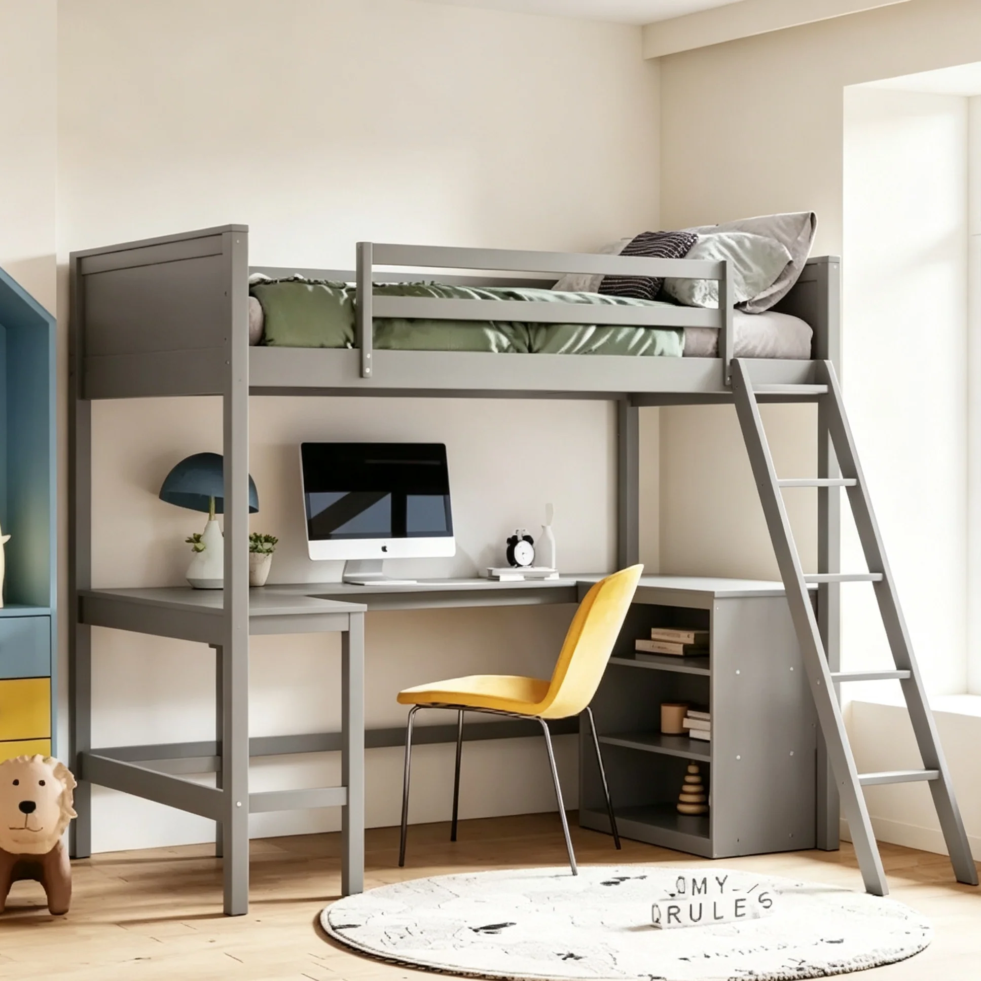 Twin Size Loft Bed with Shelves & Desk - Solid Pine, Gray