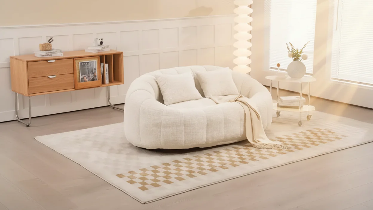 Chenille Tufted Bean Bag Sofa Loveseat with Accent Pillows Beige