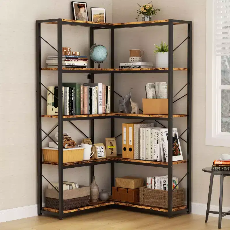 Celebalcony 5 Tier Corner Bookshelf,L Shaped Bookcase,Large Etagere Bookcase,Corner Shelf Display Storage Rack with Metal Frame for Living Room