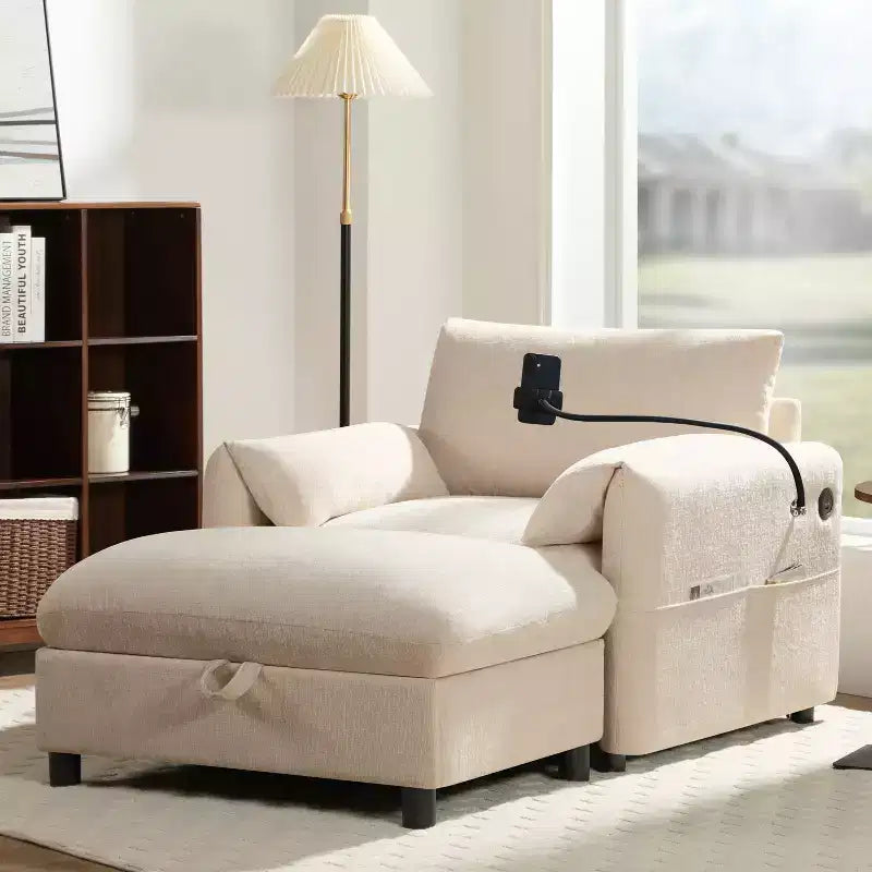 Multifunctional Chenille Single Sofa with Storage Ottoman and Cushioned Armrest Pillows