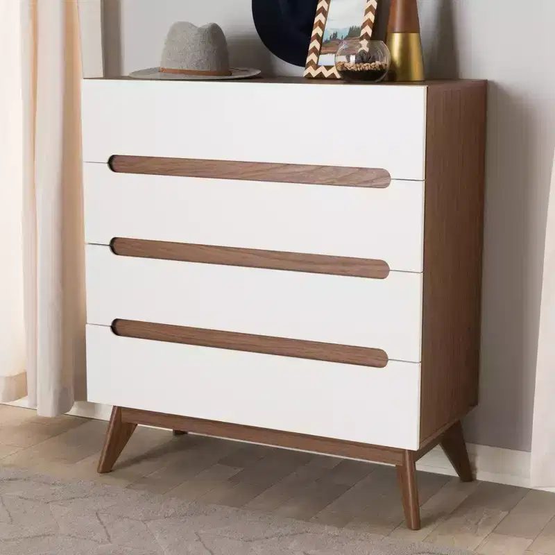 Mid-Century 4-Drawer Storage Chest �C Walnut & White Scandinavian Design
