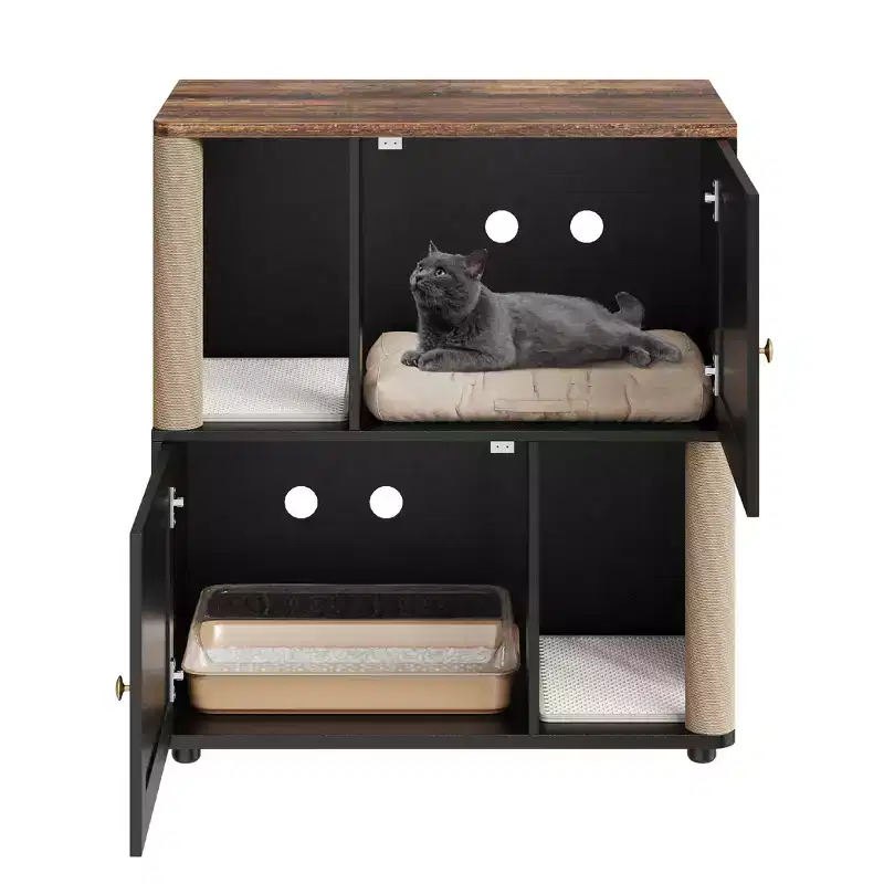Litter Box Enclosure with Double Room, Hidden Enclosed Litterbox Furniture with Scratch Posts and Double-Layer Litter Mats Indoor Pet House