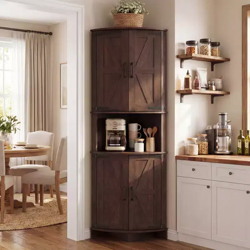 65 Farmhouse Corner Cabinet, Wood Kitchen Pantry Cabinet with Adjustable Shelves, Freestanding Buffet Hutch Cabinet for Kitchen, Living Room, White