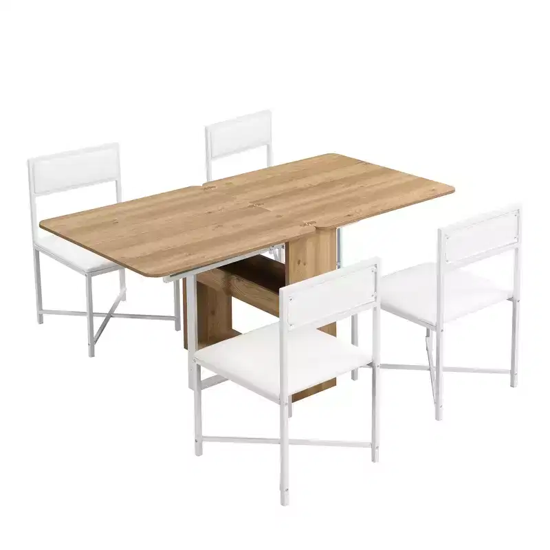 5-Piece Dining Table Set, Extendable Modern Compact 31.5-63 Kitchen Table with Storage Rack and 4 Upholstered Dining Chairs for Small Spaces