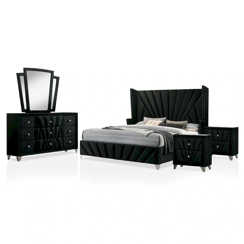 Ambrosia Glam Black Fabric Upholstered Nailhead 5-Piece Panel Bedroom Set by Furniture of America