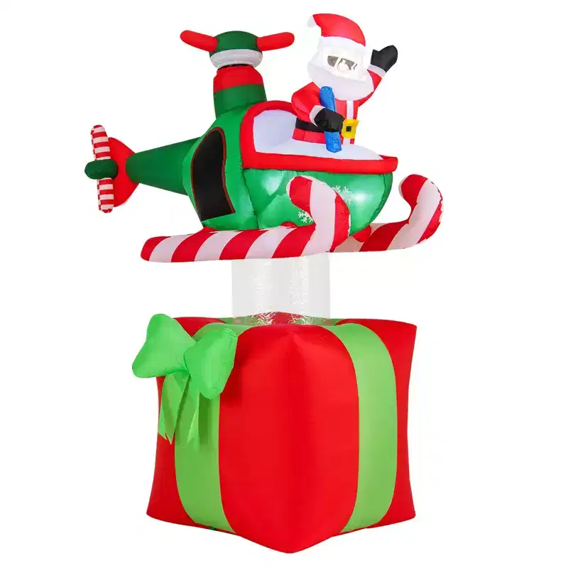 Gymax 6' Inflatables Xmas Santa Claus & Helicopter on Gift Box w/ 3 Cold White LED Lights & Water Bags Waterproof Outdoor Settings