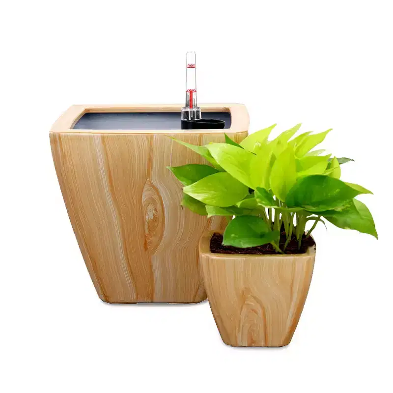 2-Pack Light Wood Square Self-Watering Planter Pot for Indoor Outdoor Use, Flower Pot with Reservoir, Drainage and Weather-Ready Design