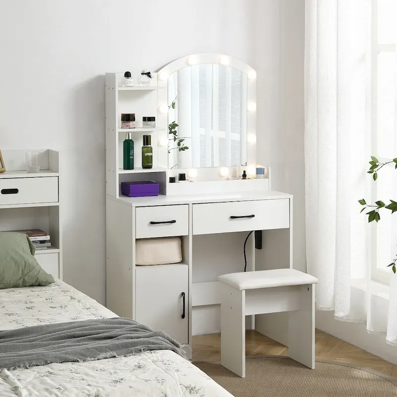 White Vanity Table with Lighted Mirror, 2/3 Drawers – 1 Person