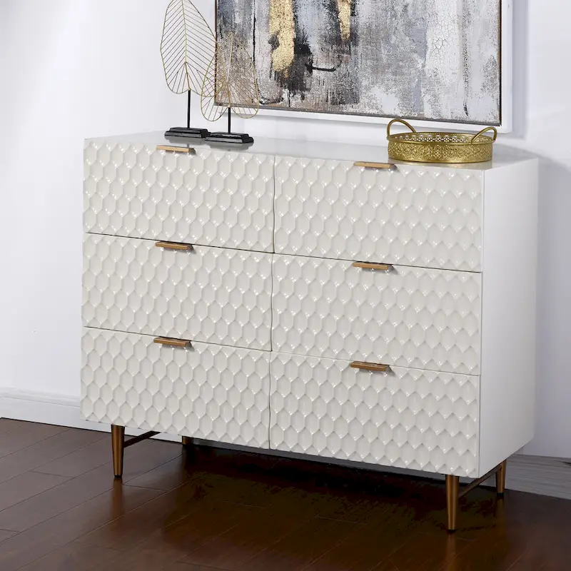 Six-Drawer Accent Dresser with Gold Handles, Cream and Gold Finish