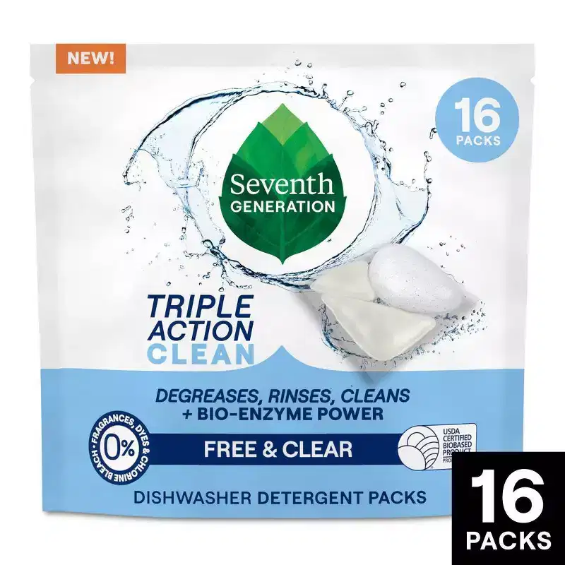Seventh Generation Triple Action Clean Dishwasher Detergent Packets - 16ct: Unscented, No Fragrance Added, Dye-Free, Bleach-Free