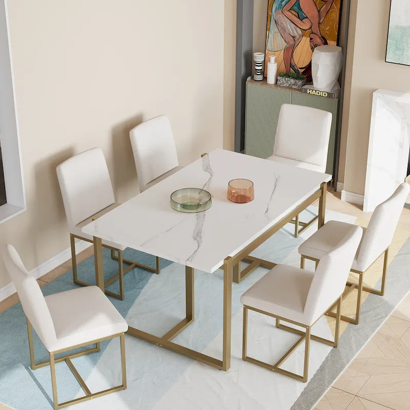 GDFStudio - Carter Modern Rectangular Dining Set with Faux Marble Table and Six Upholstered Chairs