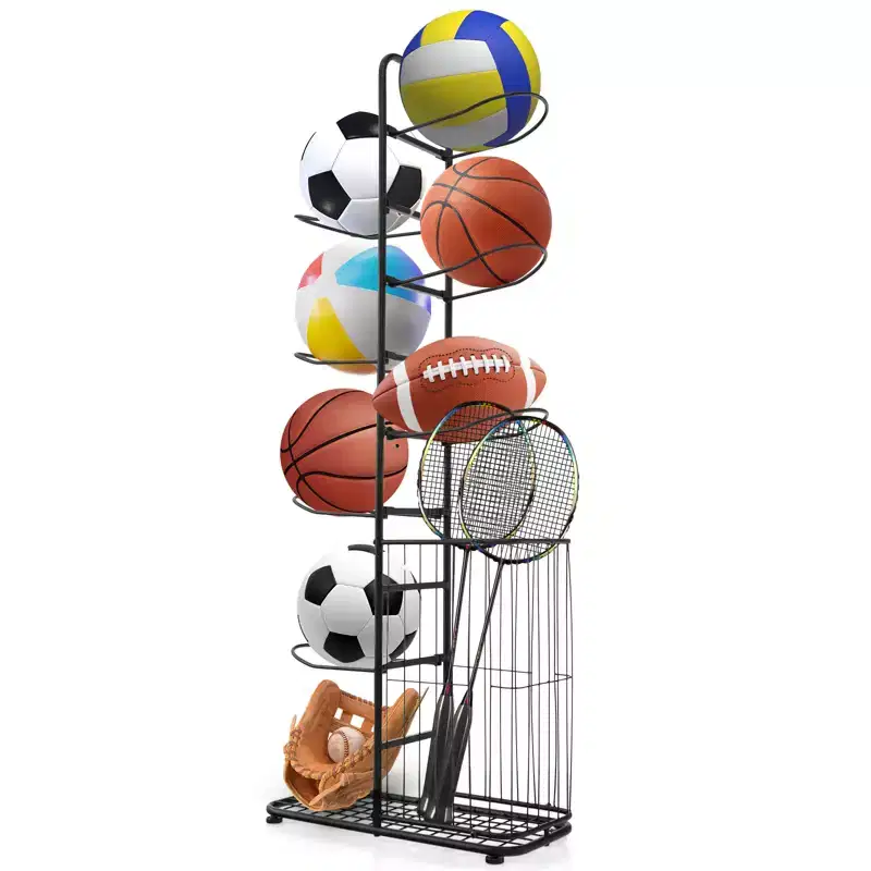 7-Tier Ball Organizer Rack Featuring 7 Detachable Hanging Rods Side Basket & Adjustable Feet for Garage Gym Home