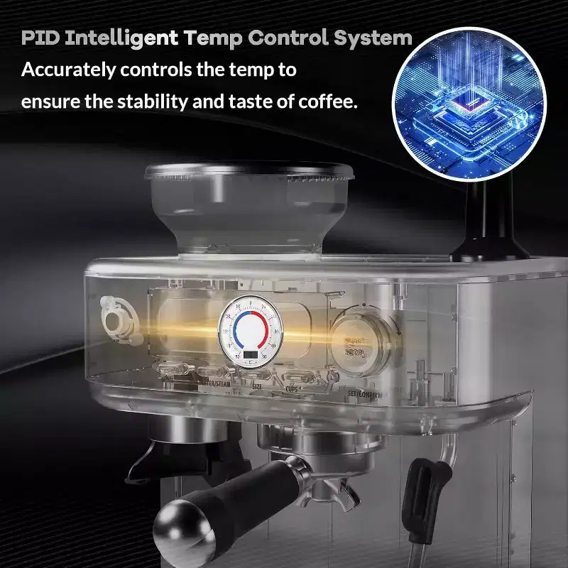Acekool Espresso Machine with PID & Display, 15 Bar Semi Automatic Coffee Maker, Stainless Steel, Built-in Grinder & Steam Wand for Latte, Cappuccino