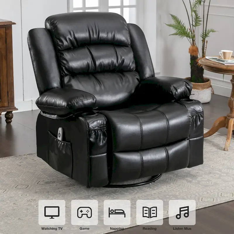 PU Swivel Rocker Massage Recliner Chair with USB Charge Port, 2 Cup Holders and Side Pocket