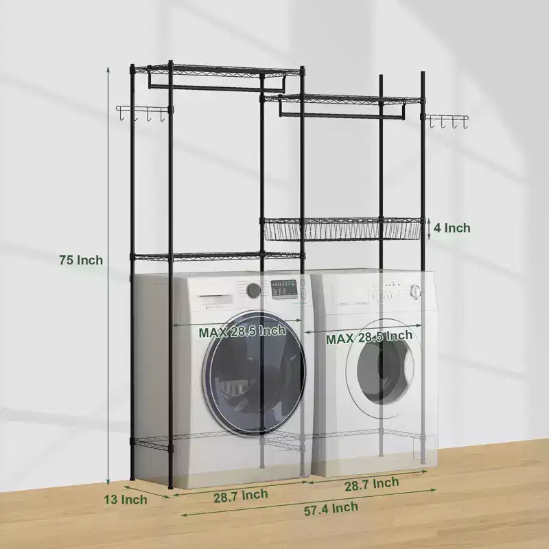 Over Washer and Dryer Shelves, Laundry Room Clothes Drying Rack, Storage and Organizer Shelf, Adjustable Height Wire Shelving and Wire Basket