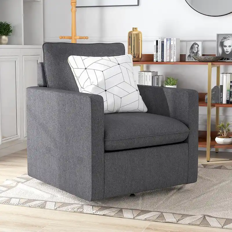 Transitional Linen Swivel Armchair with Square Arms and Removable Cushion