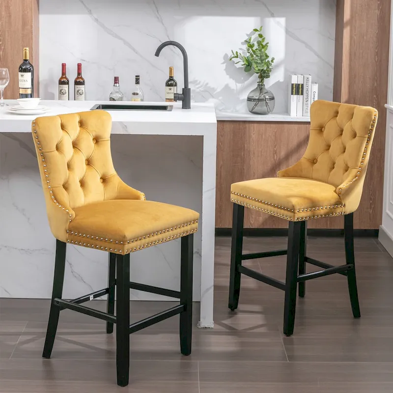 Velvet Upholstered Barstools with Button-Tufted Back, Nailhead Trim and Solid Wood Legs
