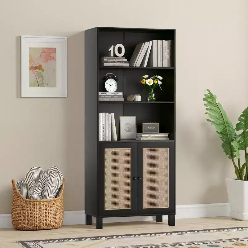 5-Shelf Bookcase with Rattan Doors - Tall Display Shelves for Home Office & Bedroom (Black)